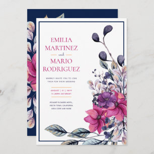 Invitación Boda floral azul de la marina rosa de Fuchsia