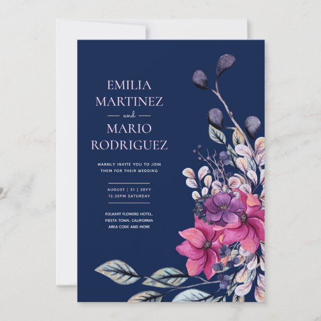 Invitación Boda floral azul de la marina rosa de Fuchsia (Anverso)