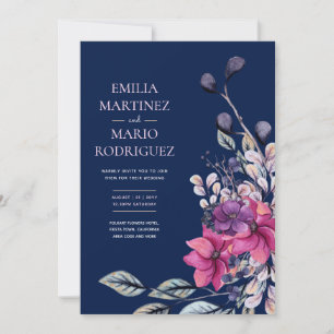 Invitación Boda floral azul de la marina rosa de Fuchsia