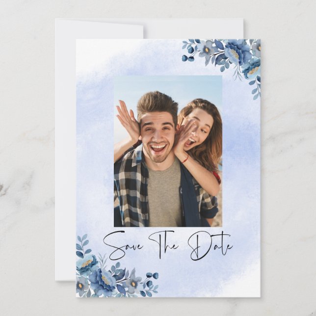 Invitación Boda floral azul de lujo salva la fecha (Anverso)
