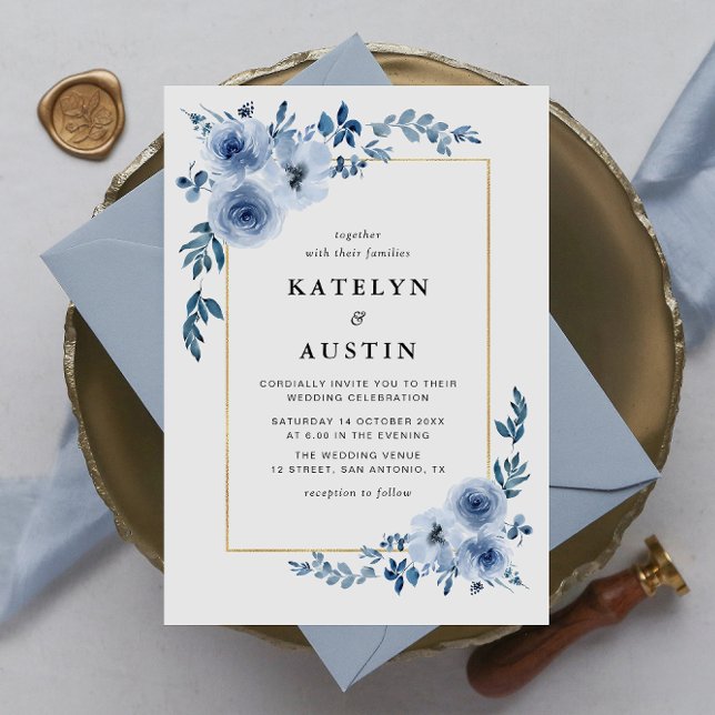 Invitación boda floral azul de marco elegante (Subido por el creador)