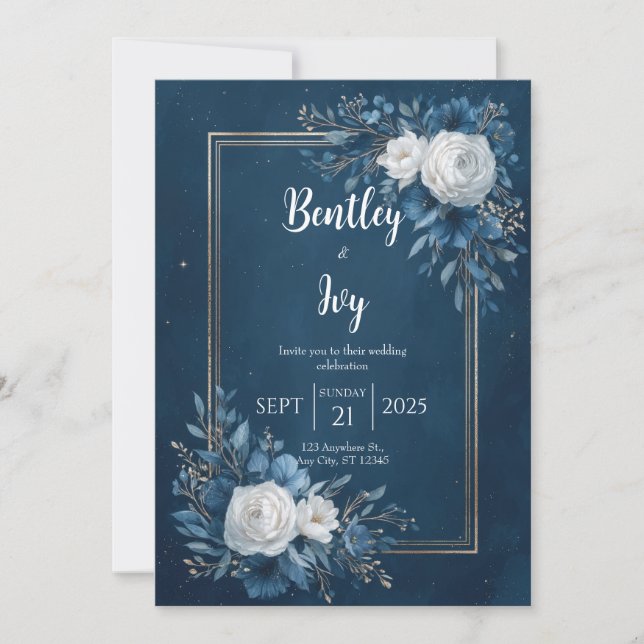 Invitación Boda floral azul de medianoche (Anverso)