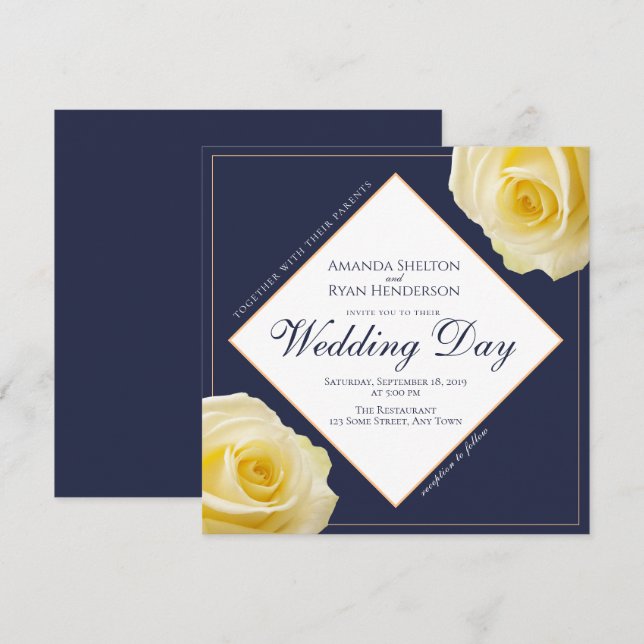 Invitación Boda floral azul de medianoche moderna del rosa (Anverso / Reverso)