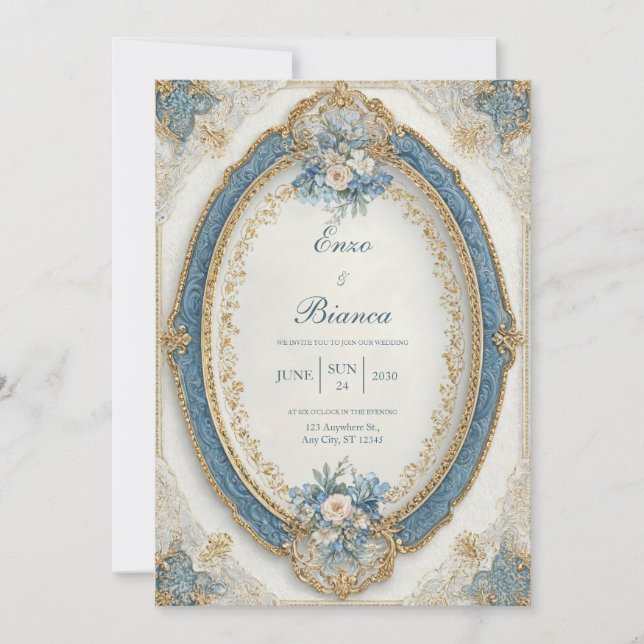Invitación Boda Floral Azul de Oval victoriano (Anverso)