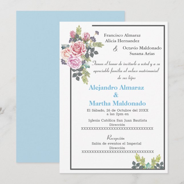 Invitación boda Floral Azul de Rubor (Anverso / Reverso)