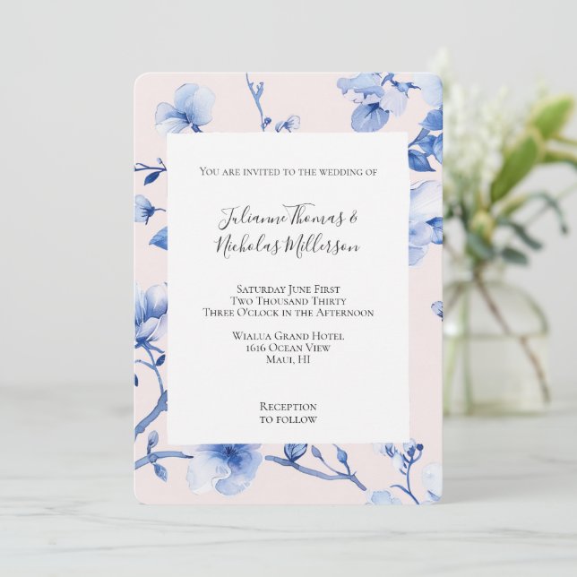 Invitación Boda floral azul de Rubor romántico (Anverso de pie)