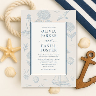 Invitación Boda floral azul de toile francés costero