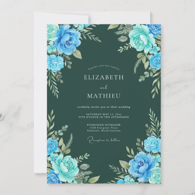 Invitación Boda Floral Azul del Bosque (Anverso)