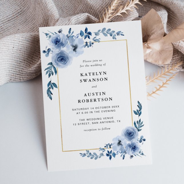 Invitación boda floral azul del marco dorado (Subido por el creador)