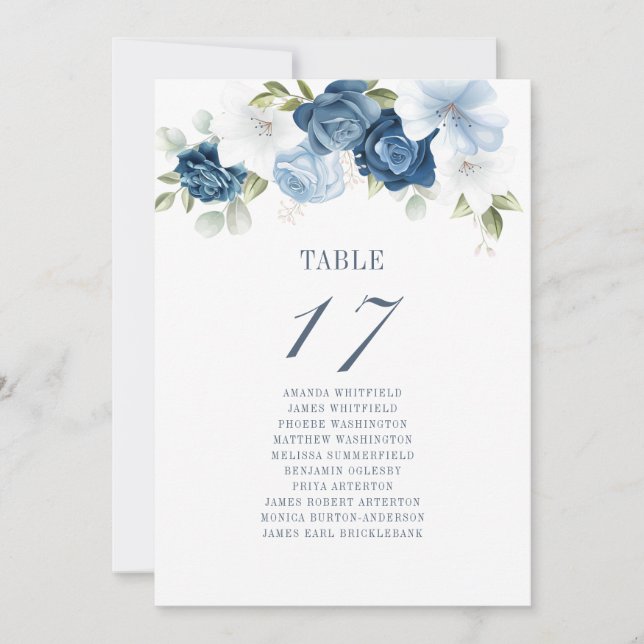 Invitación Boda Floral Azul Dusto Cuadro Número de tabla (Anverso)