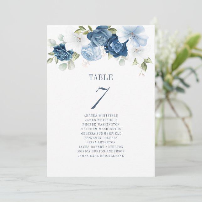 Invitación Boda Floral Azul Dusto Tabla Número 7 Asientos (Anverso de pie)