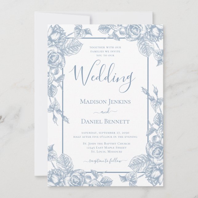 Invitación Boda Floral Azul Dusty (Anverso)