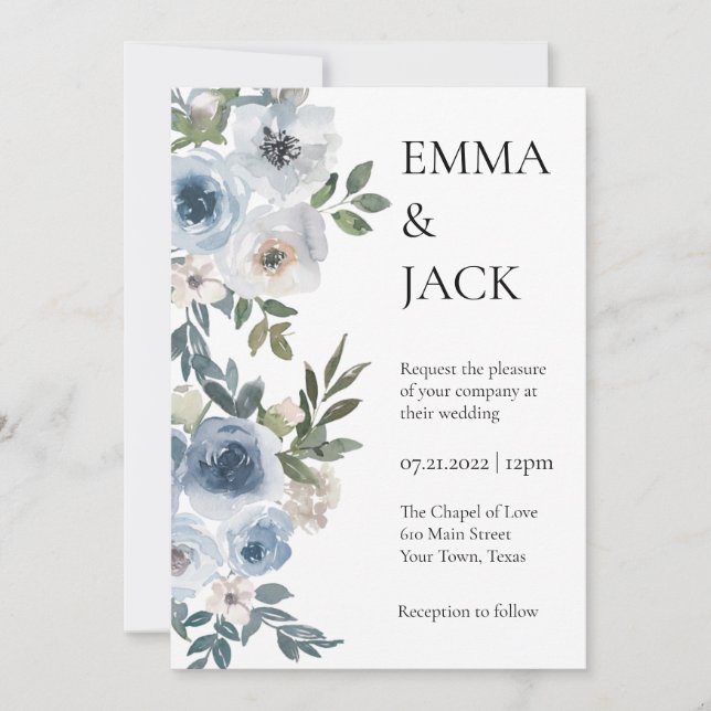 Invitación Boda Floral Azul Dusty (Anverso)