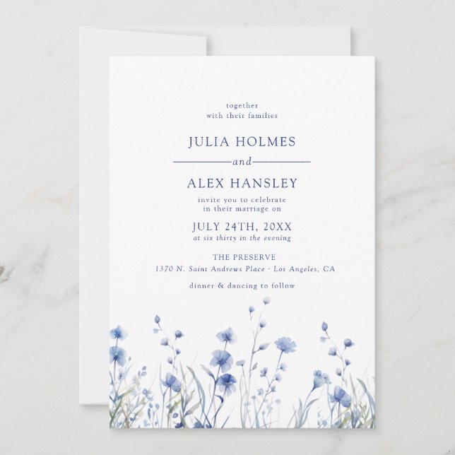 Invitación Boda Floral Azul Dusty (Anverso)