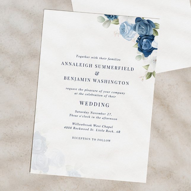 Invitación Boda Floral Azul Dusty (Floral Dusty Blue Bloom Elegant Wedding Invitation)