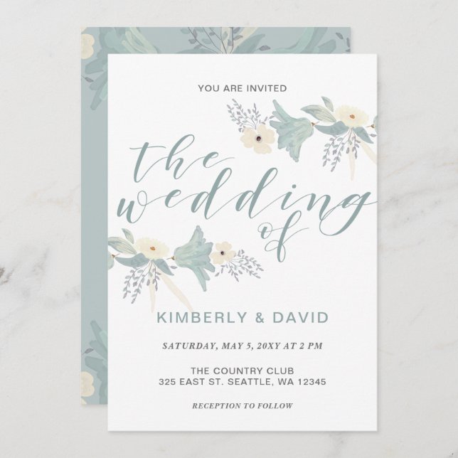 Invitación Boda Floral Azul Dusty (Anverso / Reverso)
