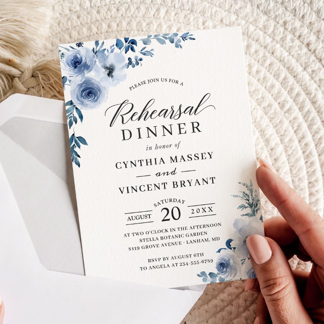 Invitación Boda Floral Azul Dusty Ensayo Cena (Subido por el creador)