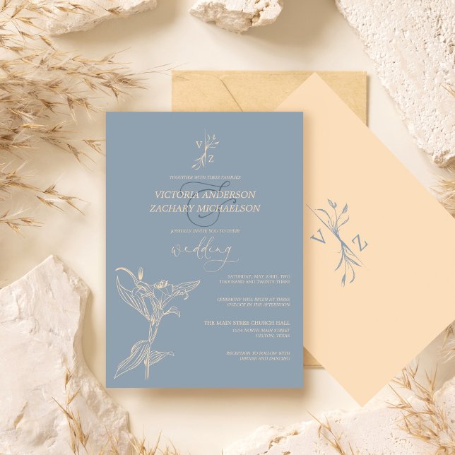 Invitación Boda Floral Azul Dusty Moderno de Boho (Subido por el creador)