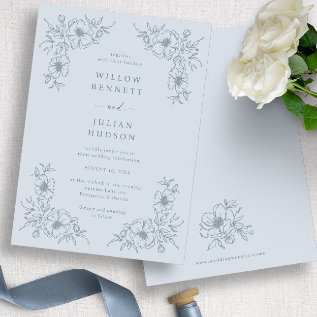 Invitación Boda Floral Azul Dusty Vintage (Vintage Dusty Blue Floral Wedding Invitation
)