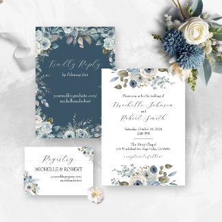 Invitación Boda floral azul e marfil