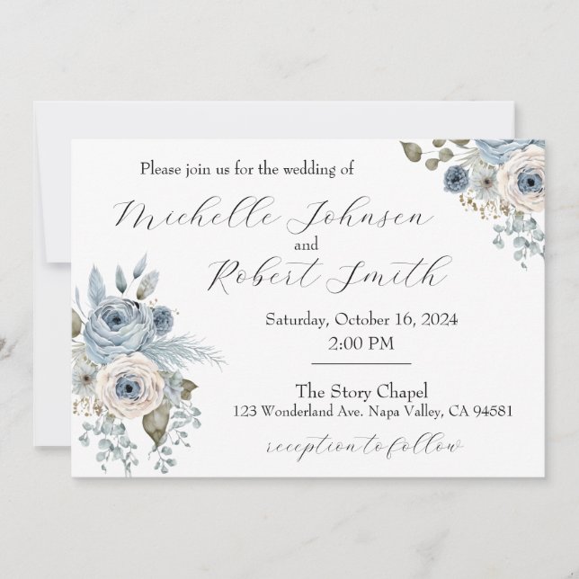 Invitación Boda floral azul e marfil (Anverso)