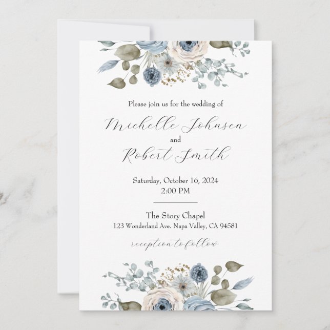 Invitación Boda floral azul e marfil (Anverso)