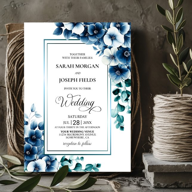 Invitación Boda floral azul elegante (Subido por el creador)