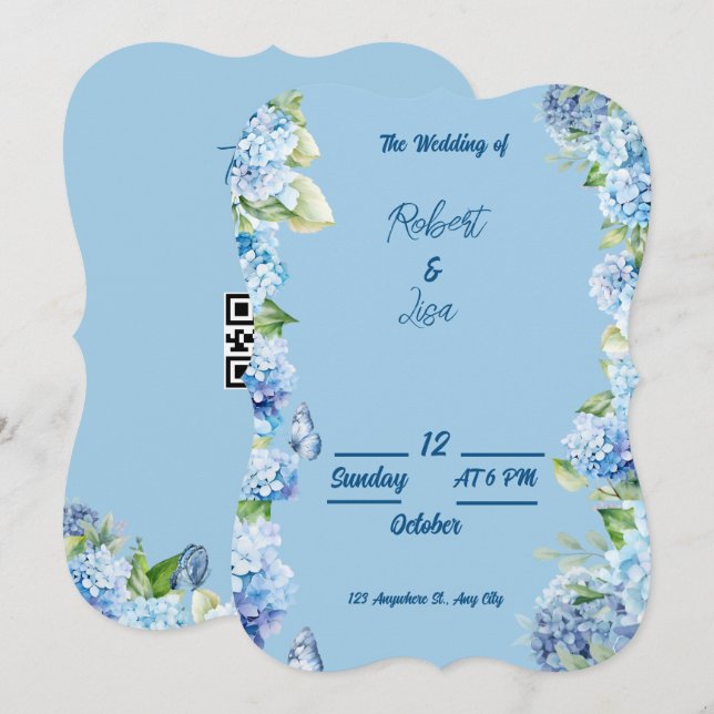 Invitación Boda floral azul elegante (Anverso / Reverso)