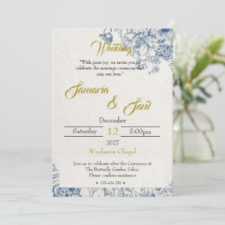 Invitación Boda floral azul elegante y dorada