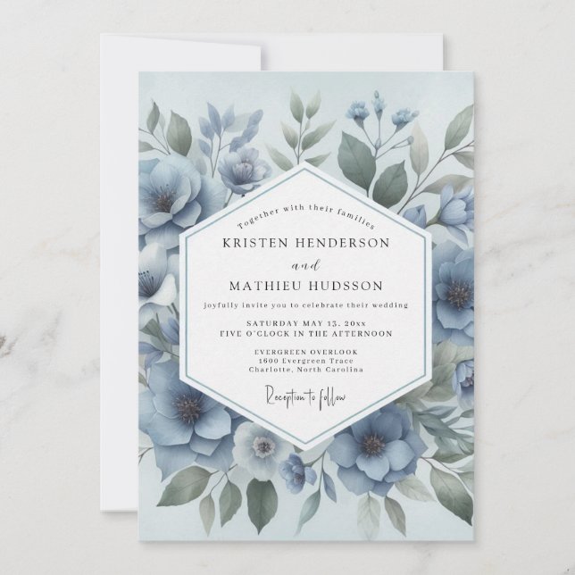 Invitación Boda Floral Azul en Flor (Anverso)