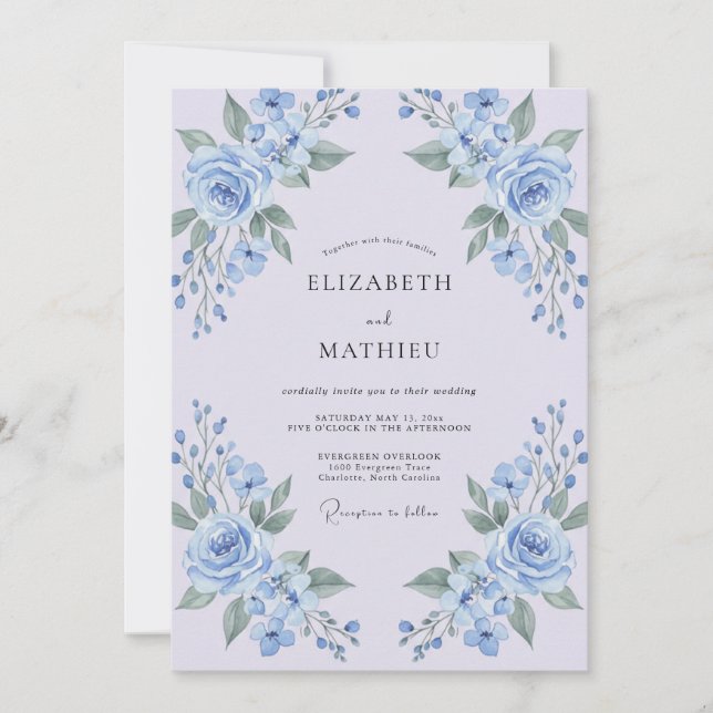 Invitación Boda floral azul en polvo (Anverso)