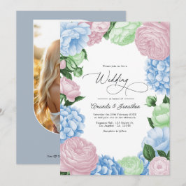 Invitación Boda floral azul en polvo, rosa sonrojado/salvia l