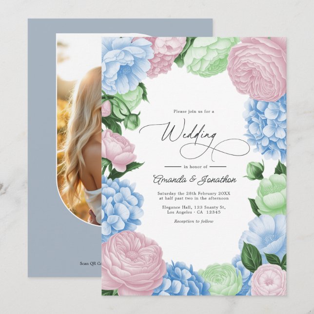 Invitación Boda floral azul en polvo, rosa sonrojado/salvia l (Anverso / Reverso)