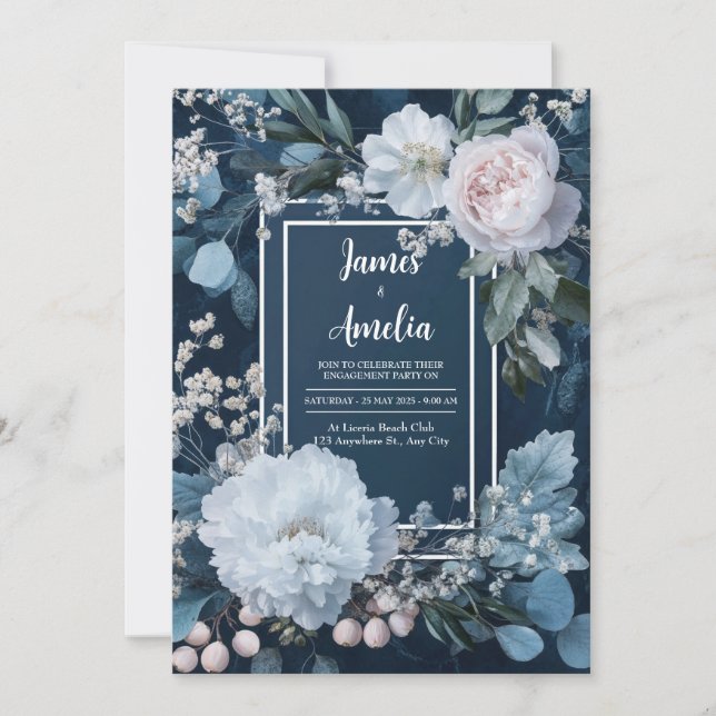 Invitación Boda Floral Azul Escarcha (Anverso)