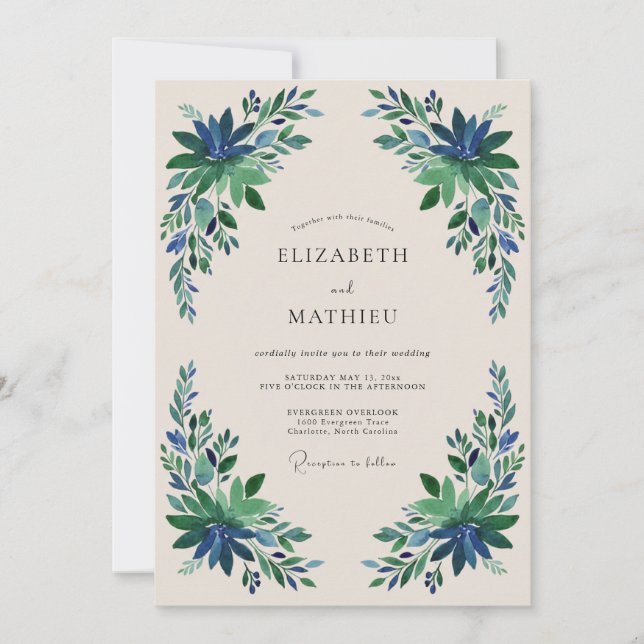 Invitación Boda Floral Azul Esmeralda (Anverso)