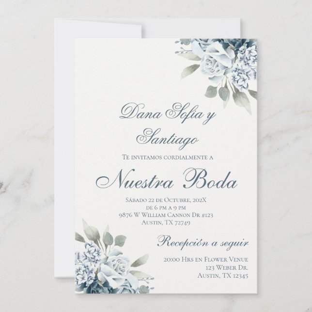 Invitación Boda floral azul español (Anverso)