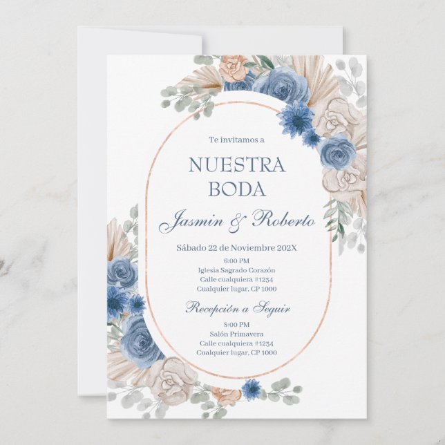 Invitación Boda Floral Azul Española (Anverso)