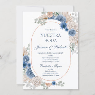Invitación Boda Floral Azul Española