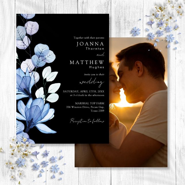 Invitación Boda Floral Azul Foto Blanco y Negro (Blue Floral Photo Black and White Wedding Invitation)