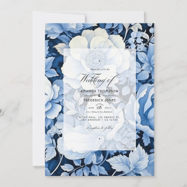 Invitación Boda floral azul francés, blanco añejo y naval (Anverso)
