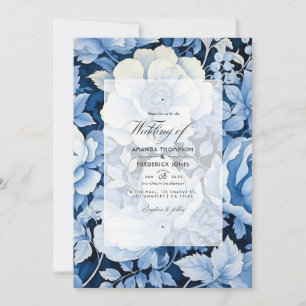 Invitación Boda floral azul francés, blanco añejo y naval