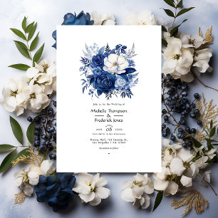 Invitación Boda floral azul francés, blanco vintage y navy