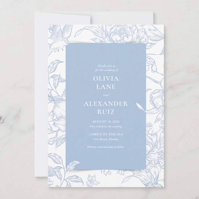 Invitación Boda Floral Azul Francés Botánico (Anverso)