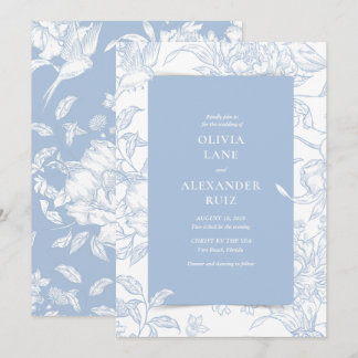 Invitación Boda Floral Azul Francés Botánico Pájaro