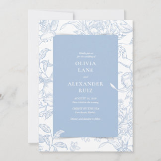 Invitación Boda Floral Azul Francés Botánico Pájaro