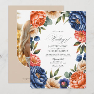 Invitación Boda floral azul francés, coral y beige arena