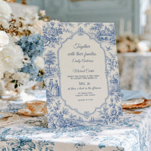 Invitación Boda Floral Azul Francés Toile de jouy