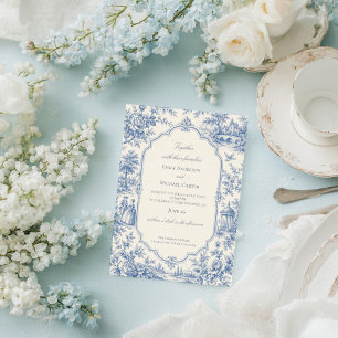 Invitación Boda Floral Azul Francés Toile de jouy