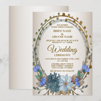 Invitación Boda Floral Azul Geométrico Dorado Vintage
