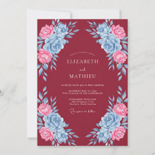 Invitación Boda Floral Azul Granate Rosa
